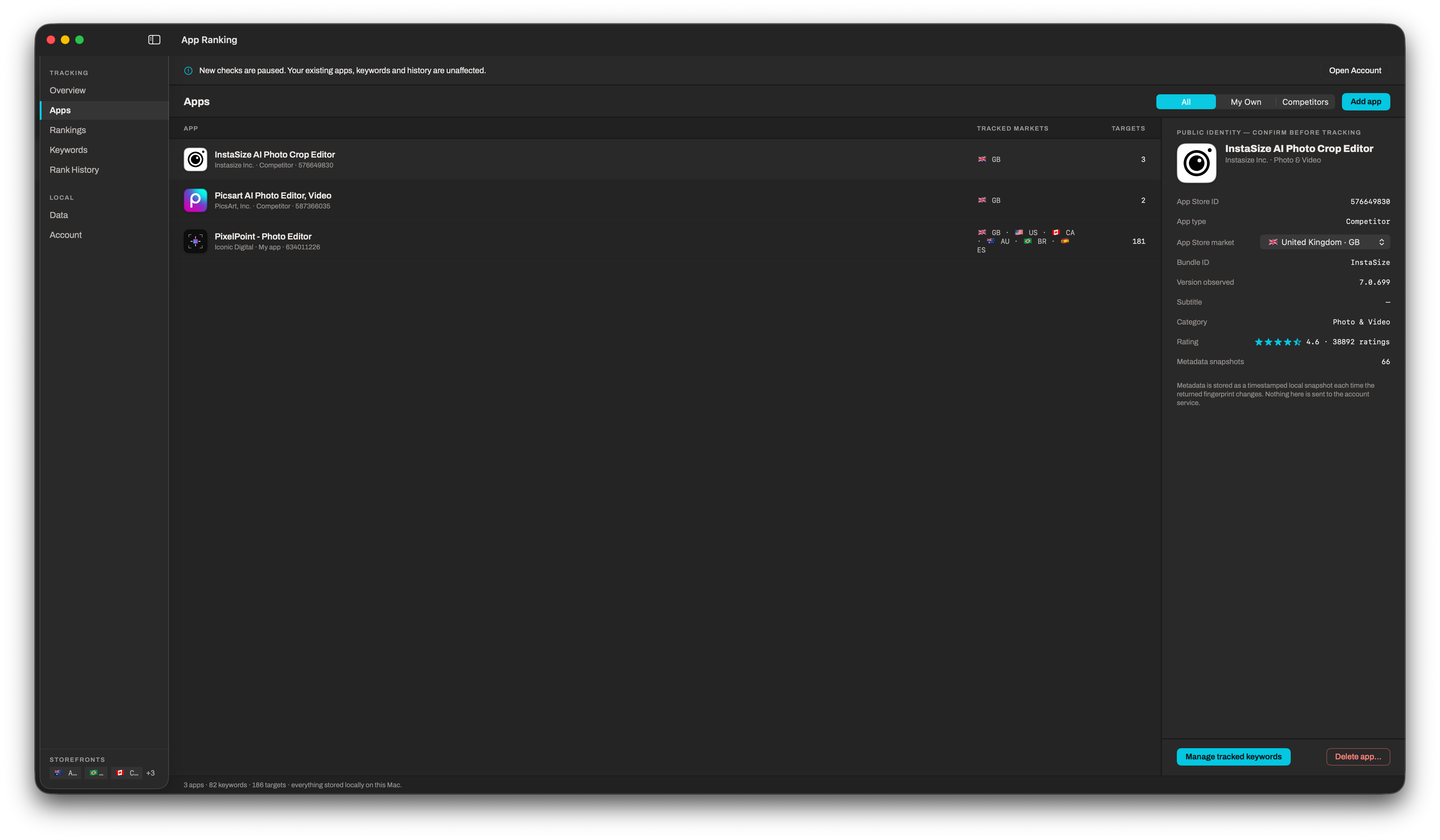 The Apps screen in RankMast: tracked apps listed with developer, app type and App Store ID, the storefronts each is tracked in and its target count, beside a public identity panel confirming App Store ID, type, market, bundle ID, observed version, category, rating and metadata snapshot count