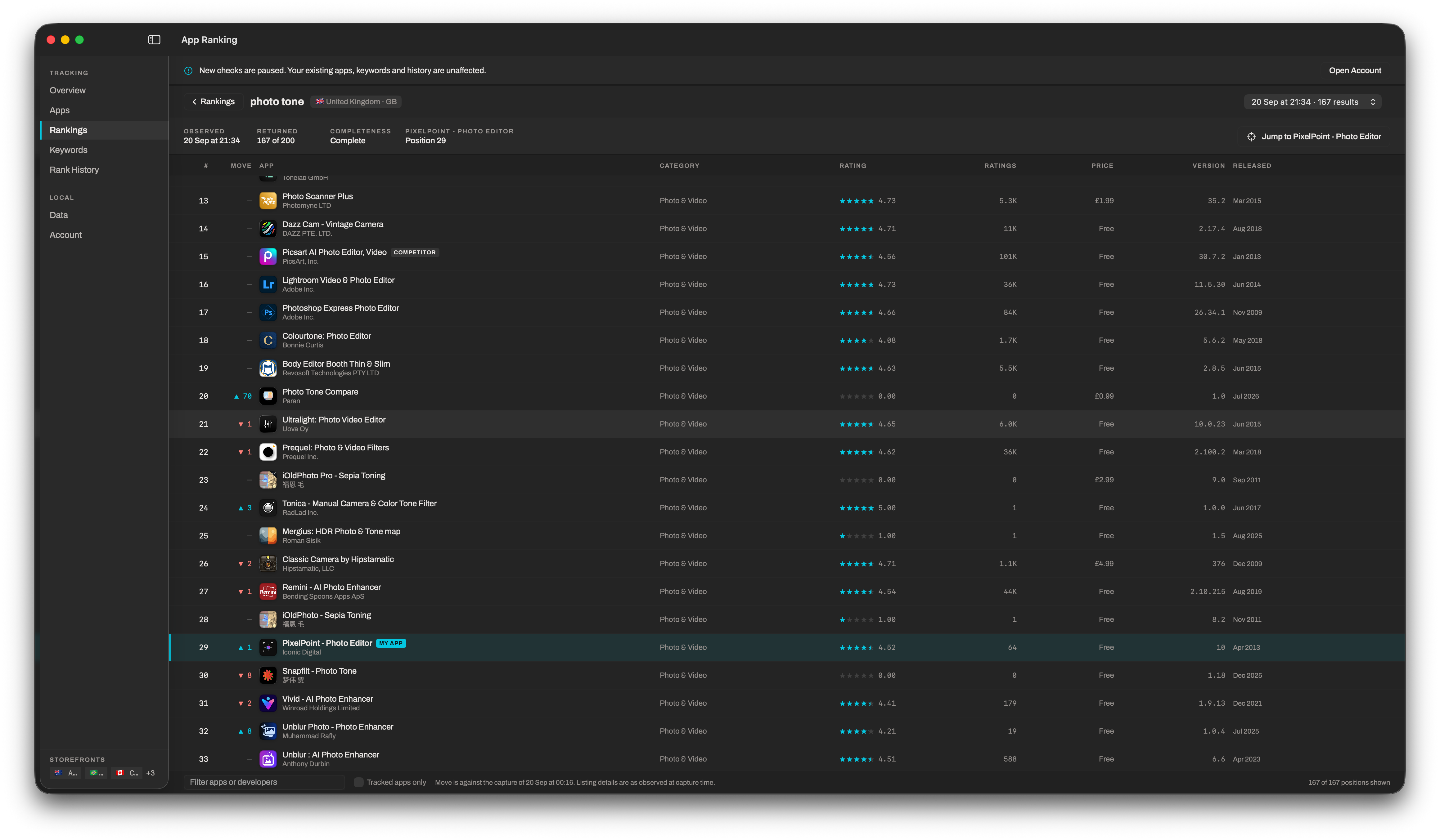 The full captured result list for one keyword and storefront: every app's position, movement, category, rating, ratings count, price, version and release date, with your own app highlighted at its position